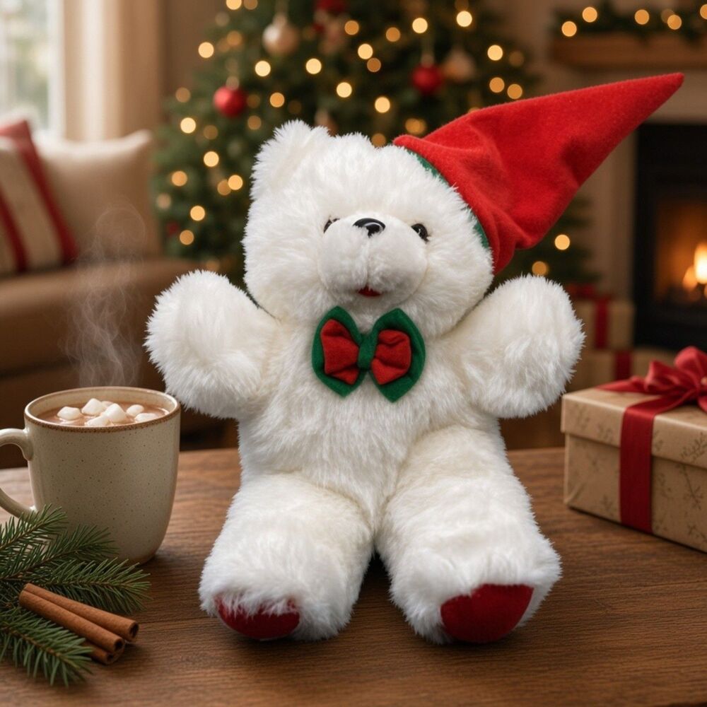 Vintage Sasco Christmas White Teddy Bear Plush 10" Red Santa Hat Stuffed Animal